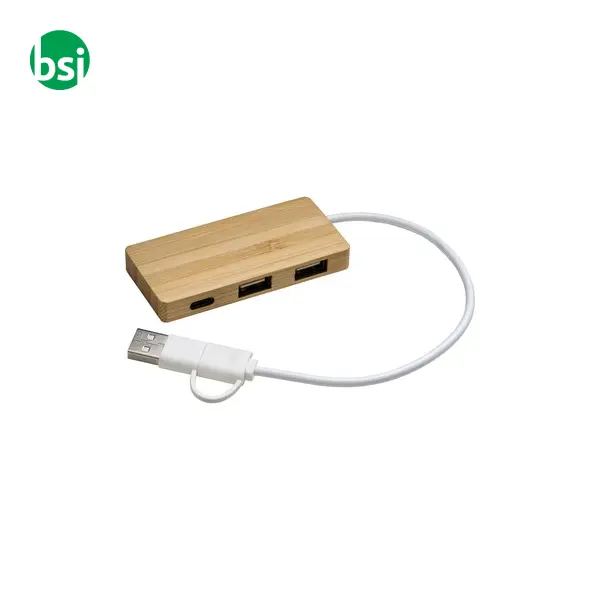 Hub USB in bambù con 2 porte USB A e C cavo integrato -  1