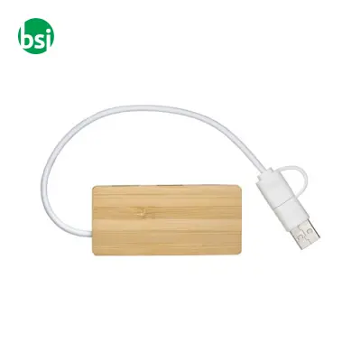 Hub USB in bambù con 2 porte USB A e C cavo integrato - Immagine 2