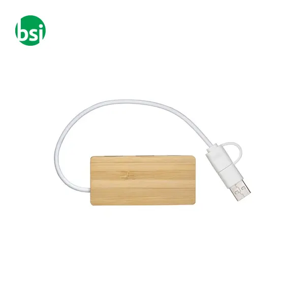 Hub USB in bambù con 2 porte USB A e C cavo integrato -  2