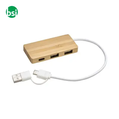 Hub USB in bambù con 2 porte USB A e C cavo integrato - Immagine 3