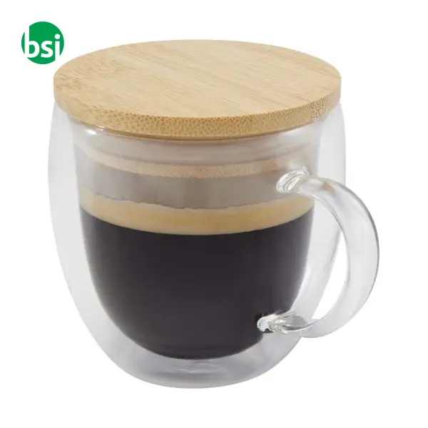 Tazza in vetro da 250 ml con coperchio in bambù Lenora -  1